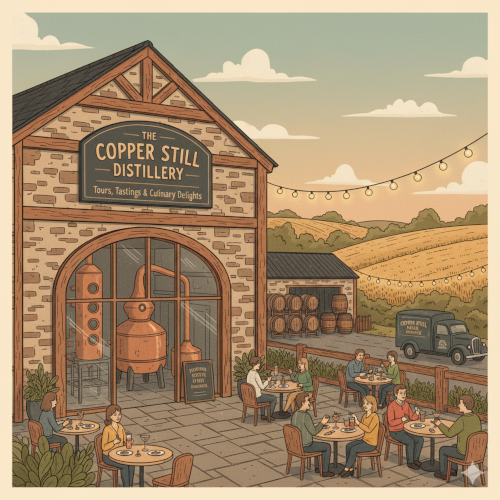 Craft distillery with copper pot still and outdoor tasting area